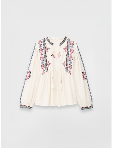 Blusa Ecru ba&sh Blouse Tilt con bordados en contraste y cuello abierto con lazadas