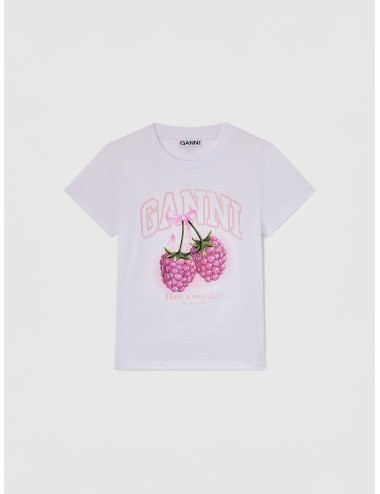 Camiseta blanca Ganni Baby Fit T-shirt with Raspberry con gráfico frontal de frambuesas rosas