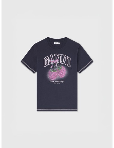 Camiseta phantom Ganni T-shirt with Raspberries con gráfico de frambuesas y costuras en contraste