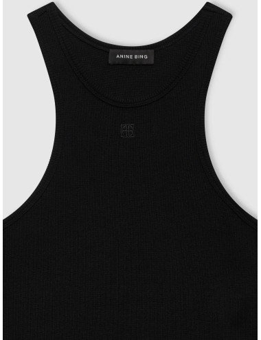 Top negro Anine Bing Cole de canalé fino con silueta ajustada y monograma bordado