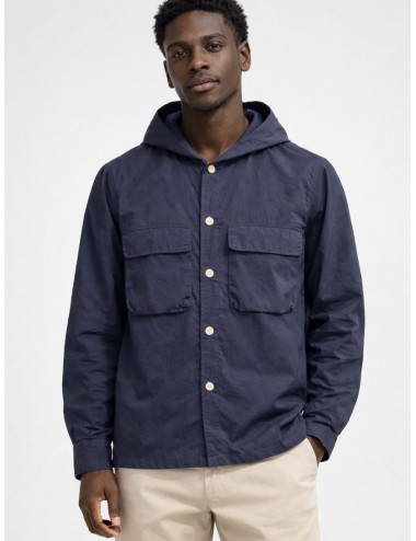 Sobrecamisa técnica navy blue Les Héritiers TECH HOODIE con capucha fija y bolsillos frontales