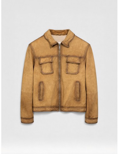 Cazadora de piel tabaco Les Héritiers HST067 con efecto vintage y cremallera frontal