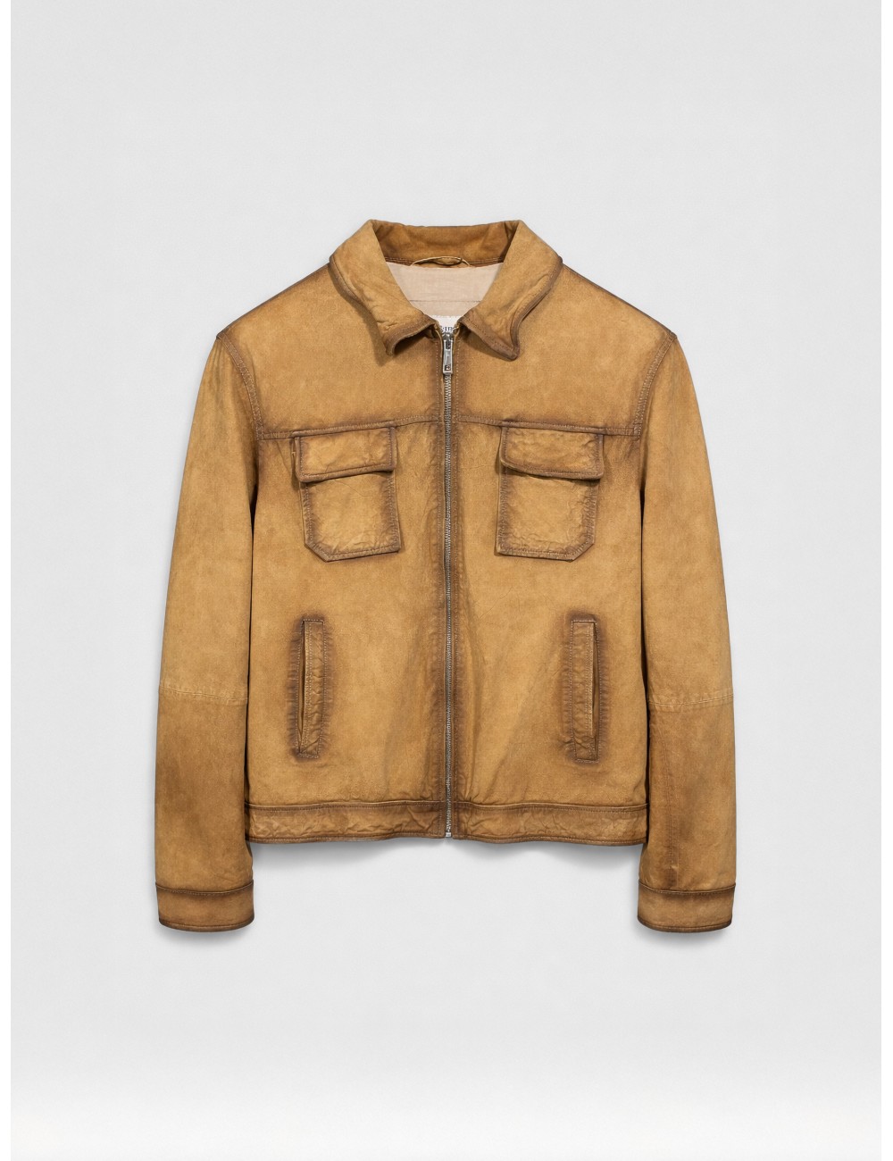 Cazadora de piel tabaco Les Héritiers HST067 con efecto vintage y cremallera frontal