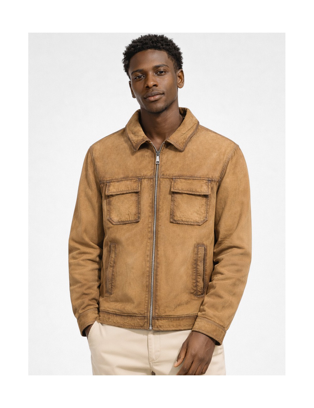 Cazadora de piel tabaco Les Héritiers HST067 con efecto vintage y cremallera frontal