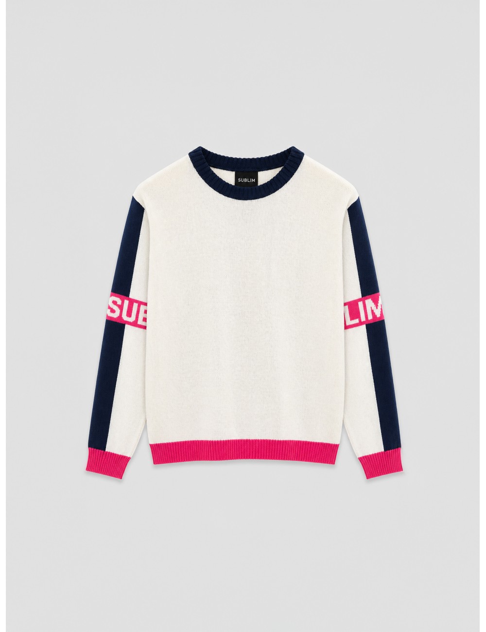 Jersey crudo SUBLIM mujer con cuello azul marino y acabados fucsia
