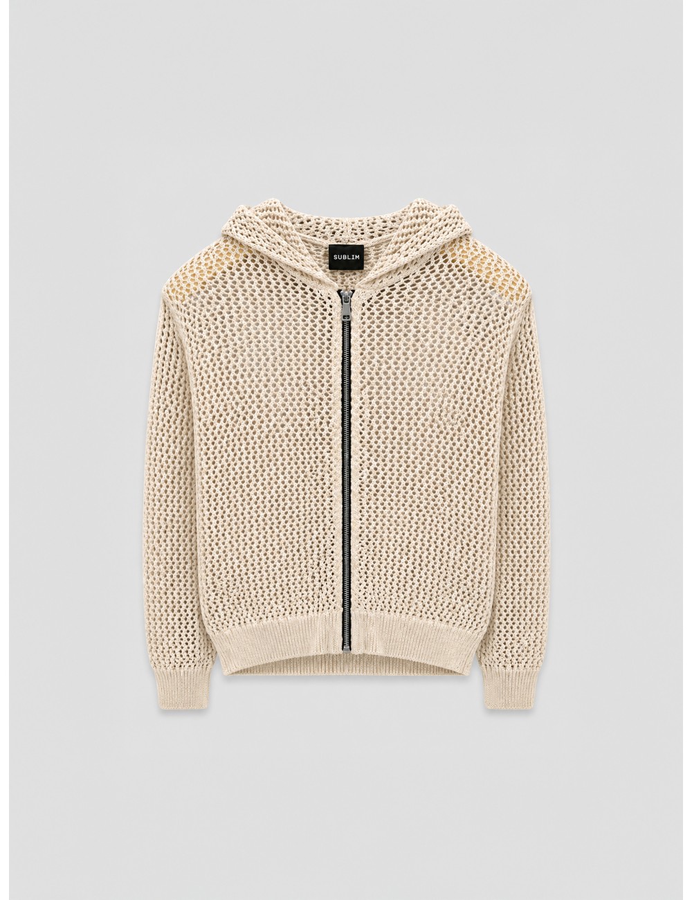 Chaqueta arena SUBLIM Calada Franja con punto calado, capucha y franjas azules