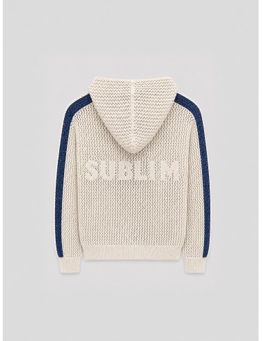 Chaqueta arena SUBLIM Calada Franja con punto calado, capucha y franjas azules