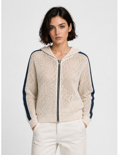 Chaqueta arena SUBLIM Calada Franja con punto calado, capucha y franjas azules