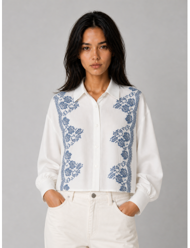 Ermanno Firenze - D48EK040ET0 - Blanco azul - Camisa encaje floral - Mujer - Lino viscosa - MARFRANC