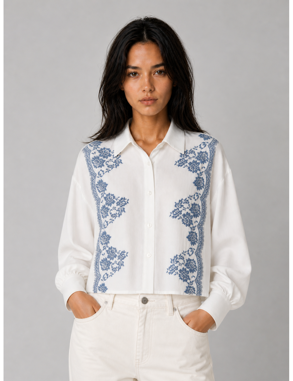 Ermanno Firenze - D48EK040ET0 - Blanco azul - Camisa encaje floral - Mujer - Lino viscosa - MARFRANC