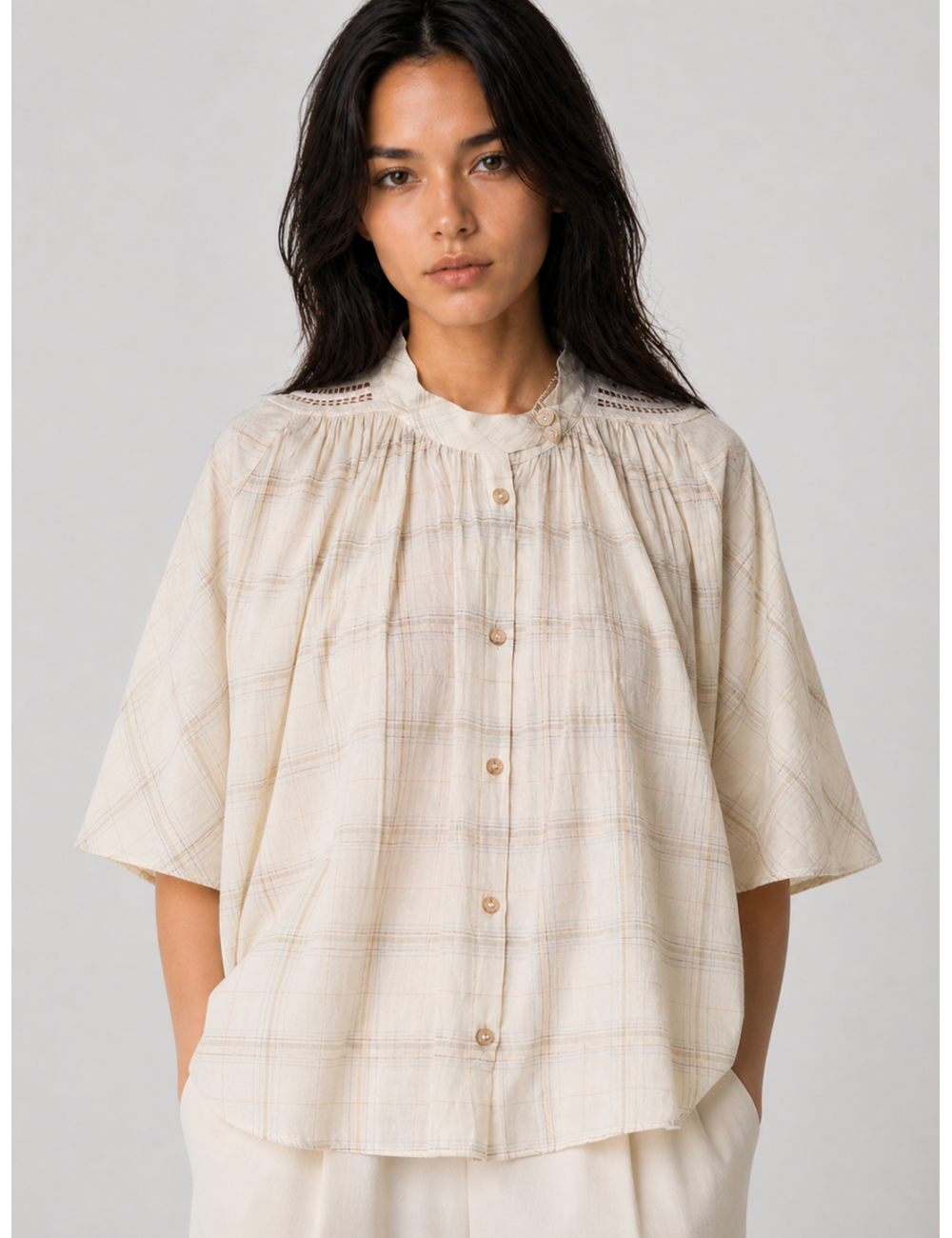 forte_forte - Half-Sleeve Voile Shirt - Lattementa - Camisa - Mujer - Voile algodón - MARFRANC