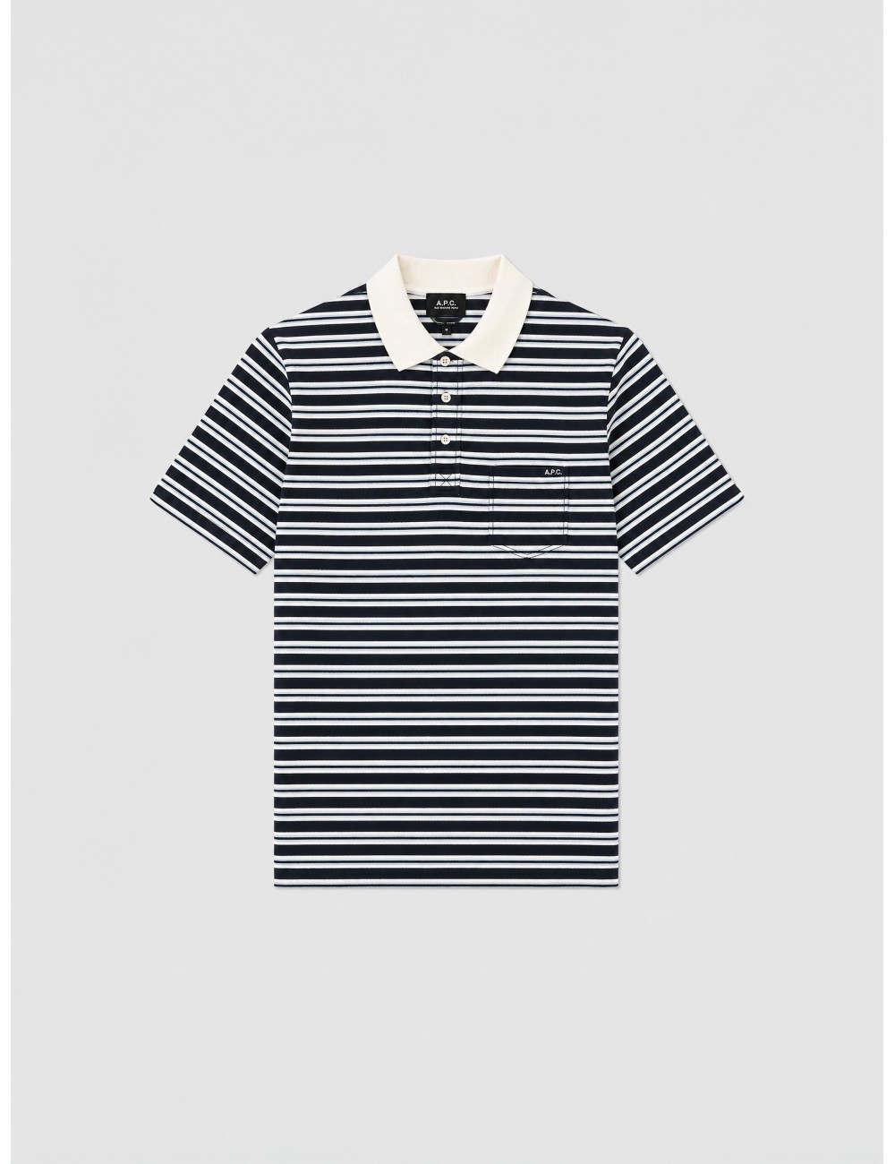 Polo de rayas azul marino A.P.C. con cuello blanco en contraste
