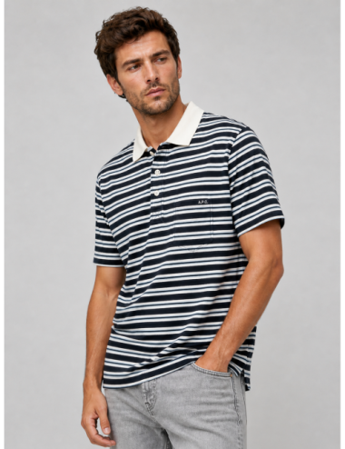 Polo de rayas azul marino A.P.C. con cuello blanco en contraste