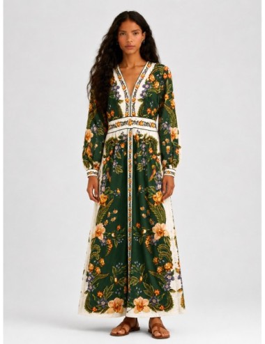 Vestido maxi verde FARM RIO Nature con estampado botánico en contraste
