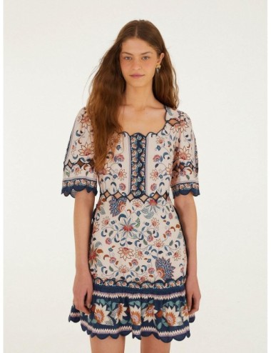 Vestido mini azul claro FARM RIO Floral Delhi Tapestry con bordes decorativos