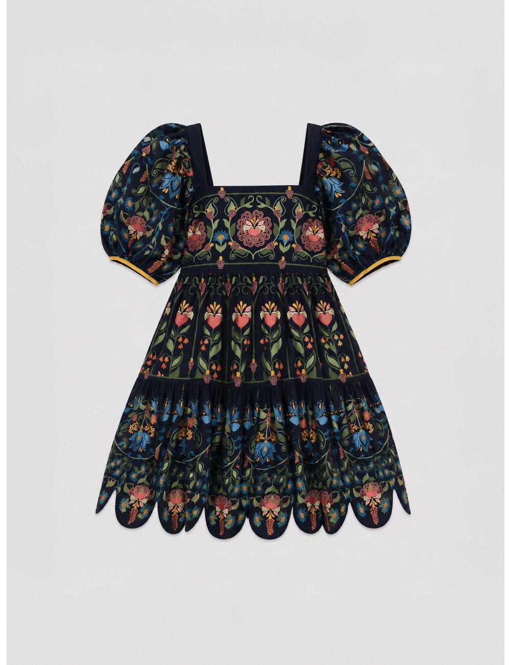 Vestido mini azul marino FARM RIO Stitched Garden con bordados florales en contraste