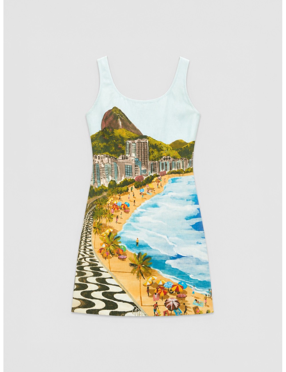 Vestido mini multicolor FARM RIO Copacabana Beach con paisaje gráfico inspirado en la playa de Copacabana