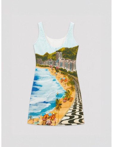 Vestido mini multicolor FARM RIO Copacabana Beach con paisaje gráfico inspirado en la playa de Copacabana