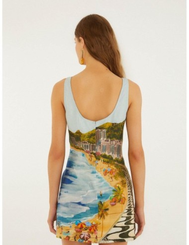 Vestido mini multicolor FARM RIO Copacabana Beach con paisaje gráfico inspirado en la playa de Copacabana