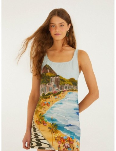 Vestido mini multicolor FARM RIO Copacabana Beach con paisaje gráfico inspirado en la playa de Copacabana