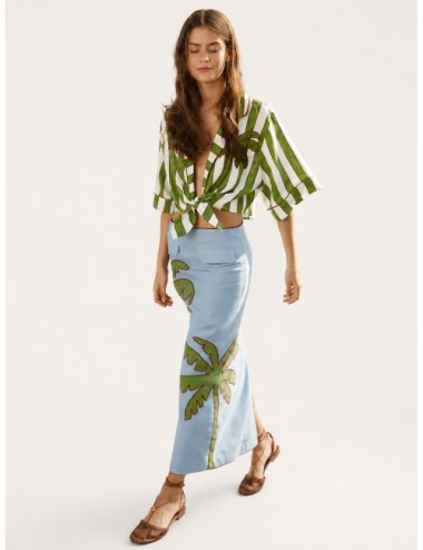 Falda maxi azul FARM RIO Embroidered Palm Tree con palmera de gran formato sobre base azul
