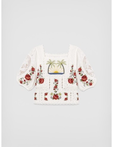 Blusa off-white FARM RIO Tropi Scarf con bordado tropical con lectura artesanal