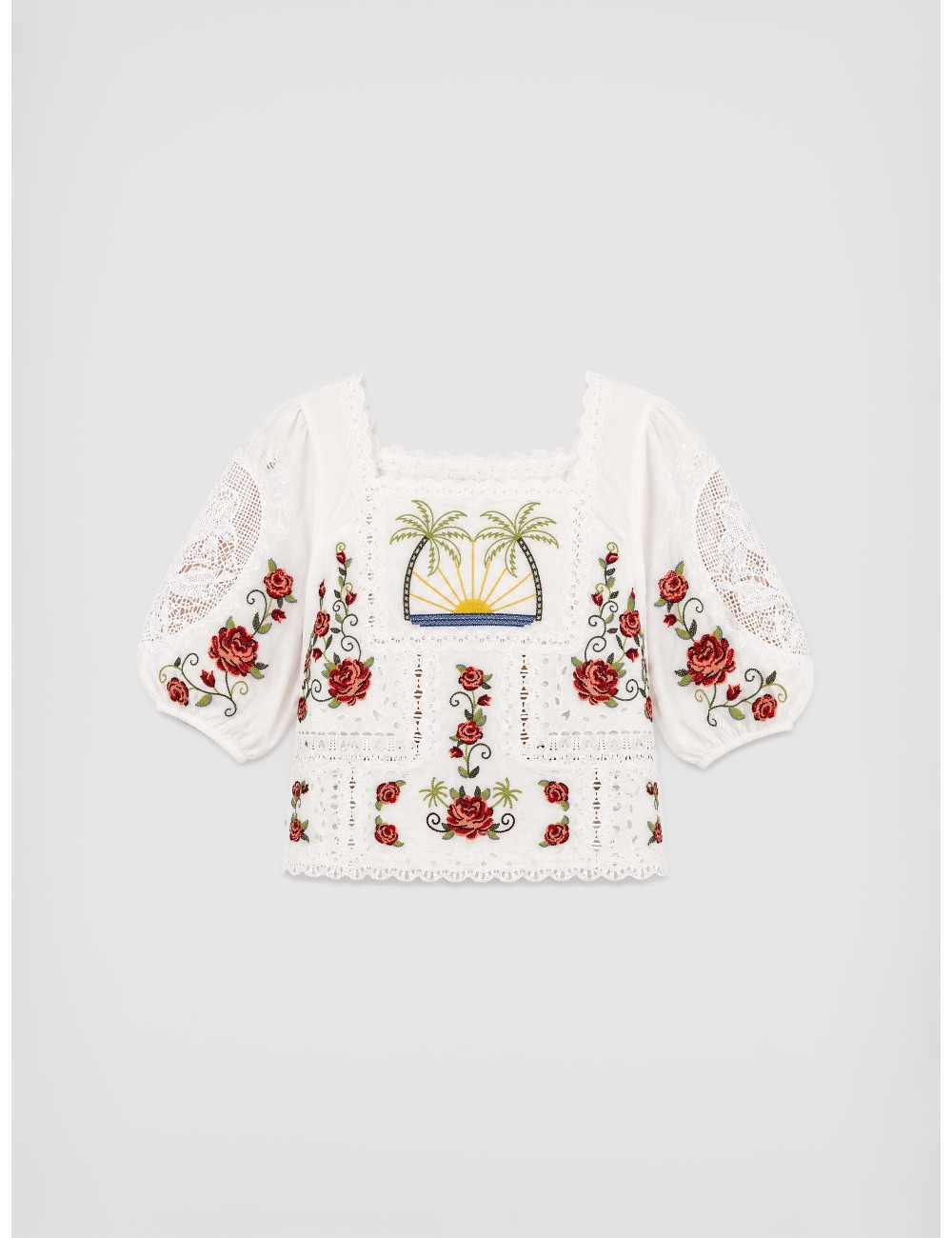 Blusa off-white FARM RIO Tropi Scarf con bordado tropical con lectura artesanal