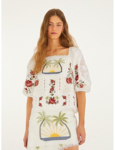 Blusa off-white FARM RIO Tropi Scarf con bordado tropical con lectura artesanal