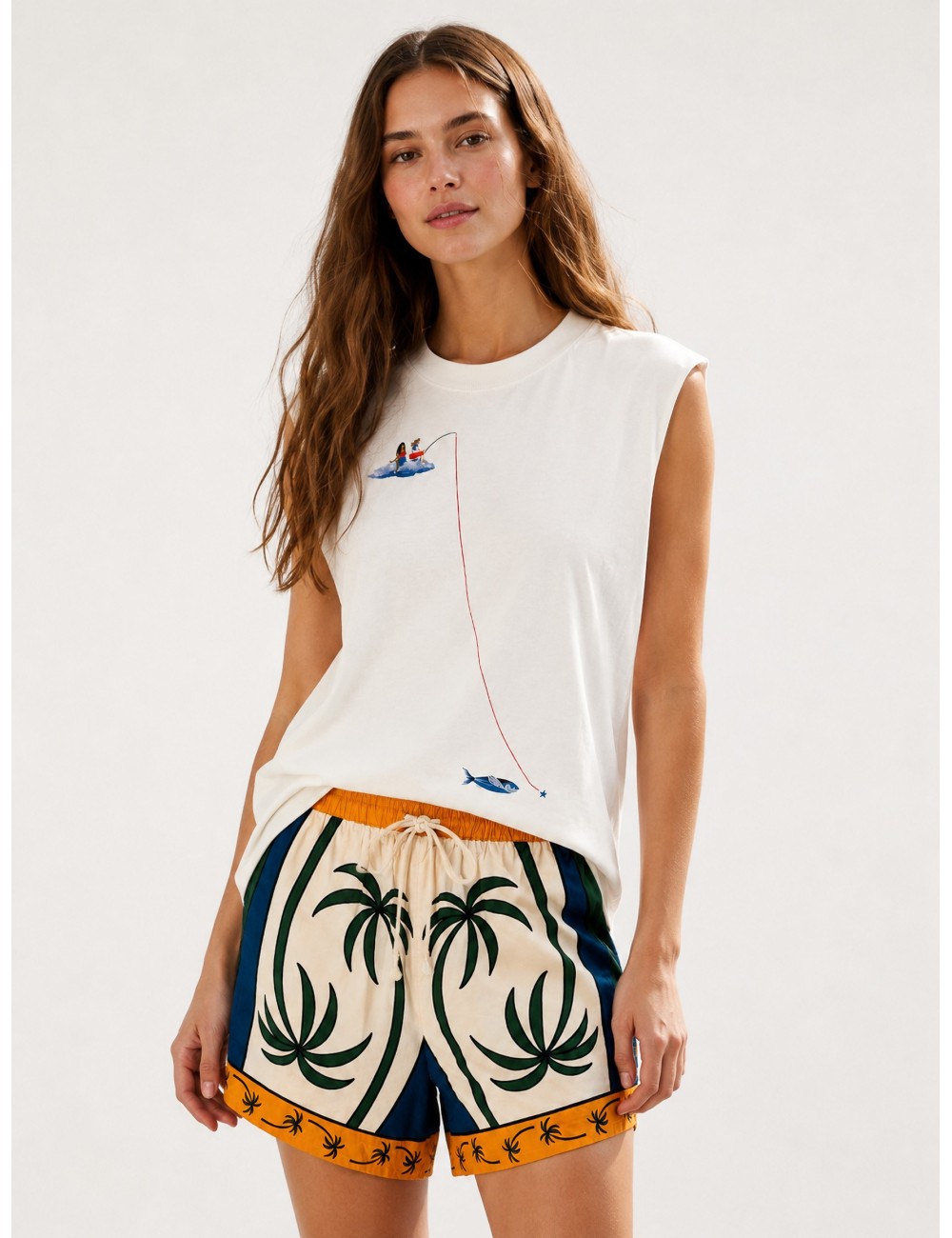 Camiseta sin mangas off-white FARM RIO Fishing Dreams con bordado e ilustración frontal de inspiración marítima