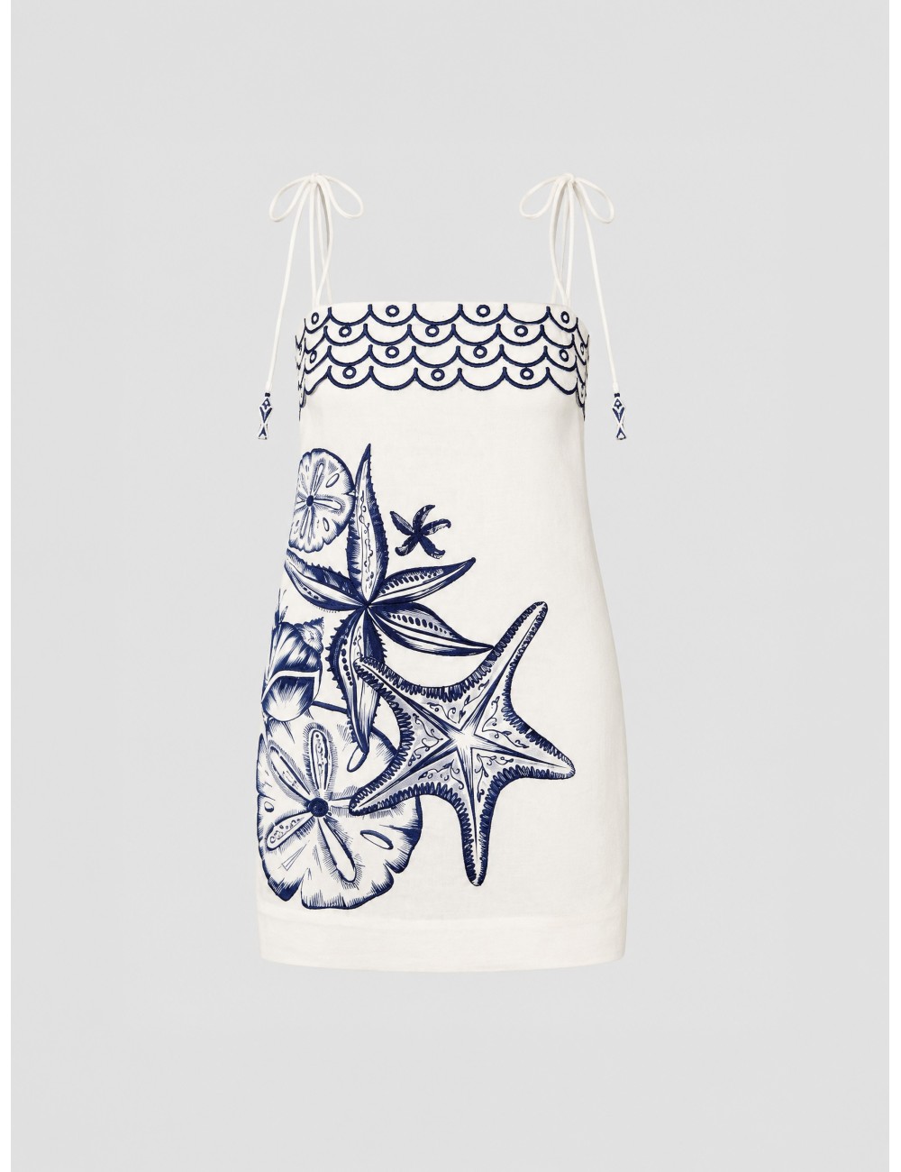 Vestido mini off-white FARM RIO Coast Stars con motivos marinos en azul con borde gráfico