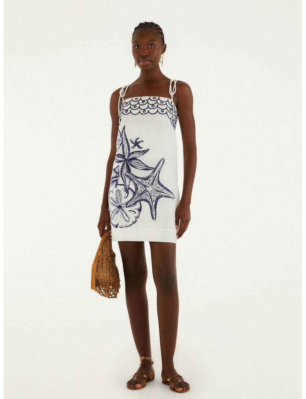 Vestido mini off-white FARM RIO Coast Stars con motivos marinos en azul con borde gráfico