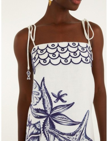 Vestido mini off-white FARM RIO Coast Stars con motivos marinos en azul con borde gráfico