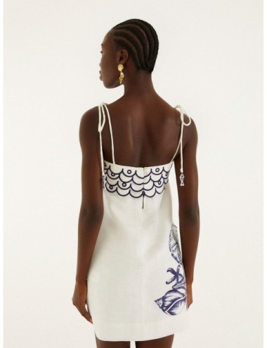 Vestido mini off-white FARM RIO Coast Stars con motivos marinos en azul con borde gráfico