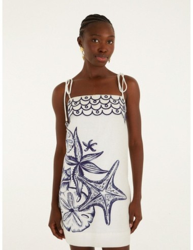 Vestido mini off-white FARM RIO Coast Stars con motivos marinos en azul con borde gráfico