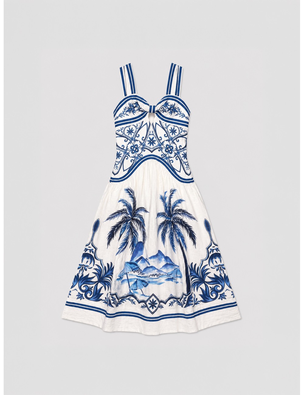 Vestido maxi off-white FARM RIO Wonderful City Mix con paisaje gráfico en azul sobre base clara