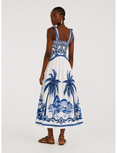 Vestido maxi off-white FARM RIO Wonderful City Mix con paisaje gráfico en azul sobre base clara
