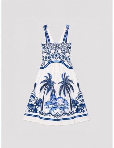 Vestido maxi off-white FARM RIO Wonderful City Mix con paisaje gráfico en azul sobre base clara