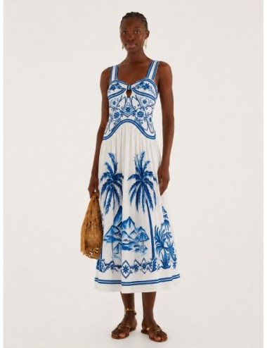 Vestido maxi off-white FARM RIO Wonderful City Mix con paisaje gráfico en azul sobre base clara