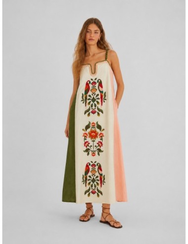 Vestido maxi multicolor FARM RIO Cross Stich Embroidery con panel bordado en contraste con laterales de color