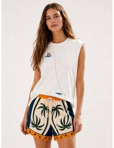 Short off-white FARM RIO Tropical Graphic con motivos tropicales con contraste azul