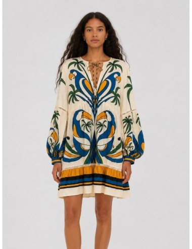 Vestido mini off-white FARM RIO Tropical Graphic con motivo tropical de gran formato con cenefa inferior