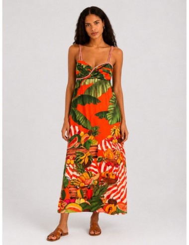 Vestido maxi rojo FARM RIO Fruit Trolley con mezcla tropical de hojas