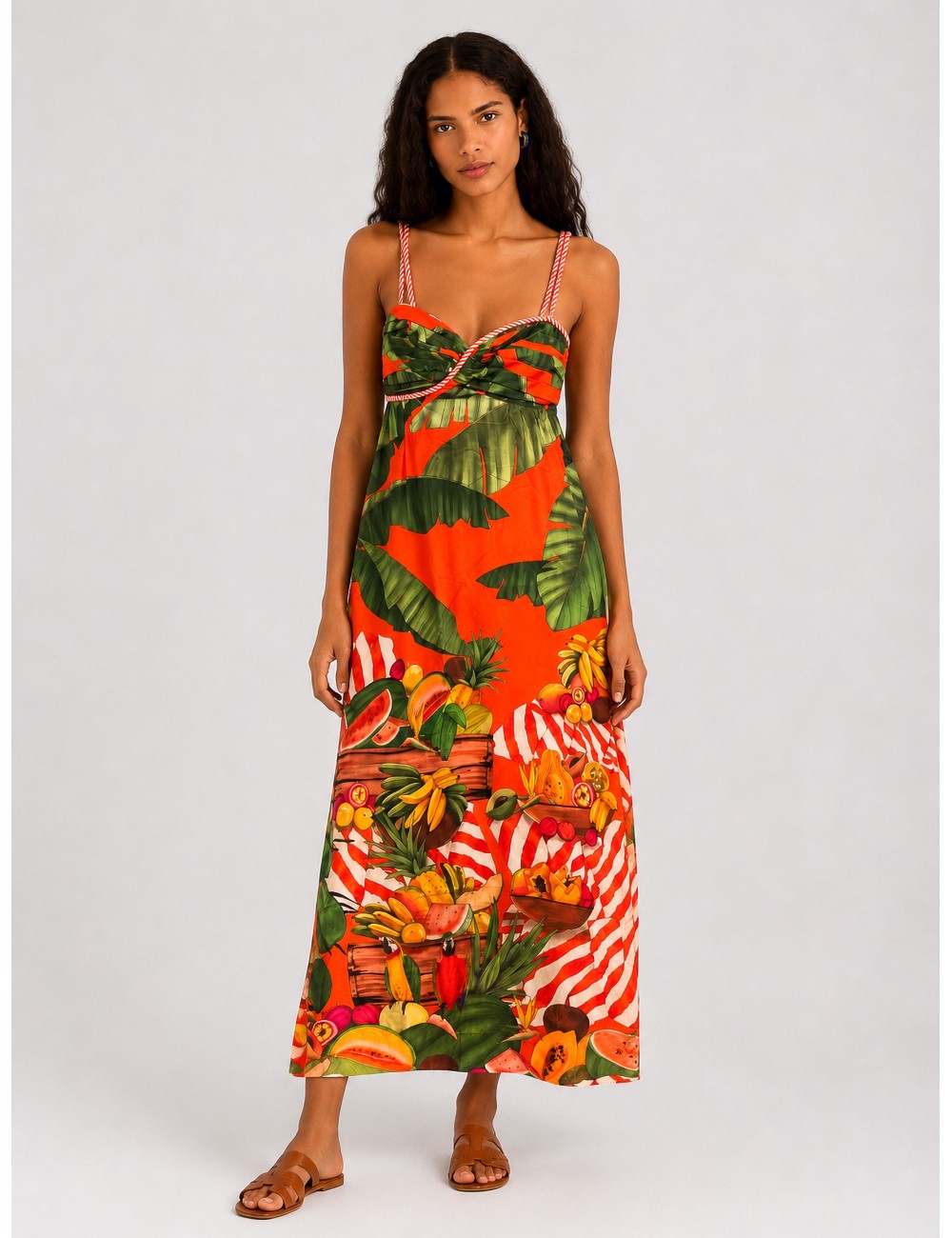 Vestido maxi rojo FARM RIO Fruit Trolley con mezcla tropical de hojas