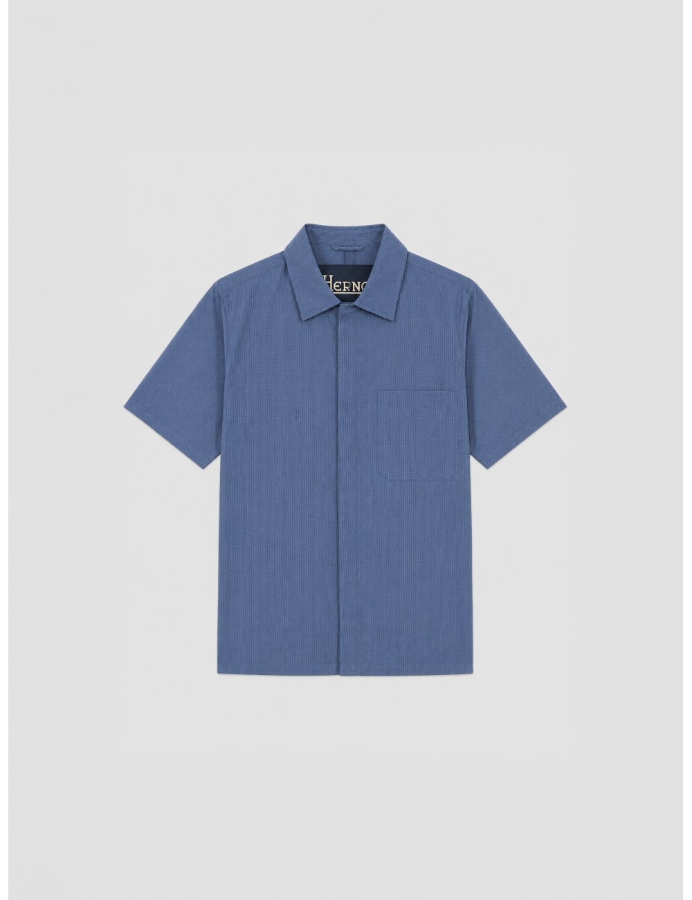 Camisa azul Herno de manga corta con textura de cuadro pequeño