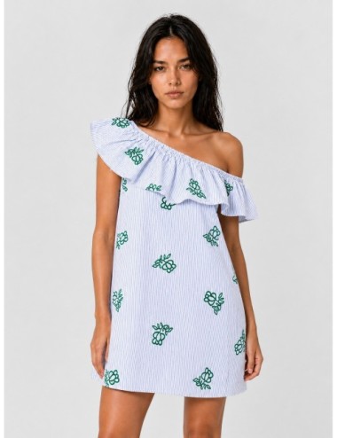 Vestido off white Essentiel Antwerp con rayas azules y bordados verdes