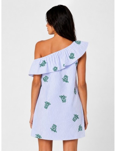 Vestido off white Essentiel Antwerp con rayas azules y bordados verdes