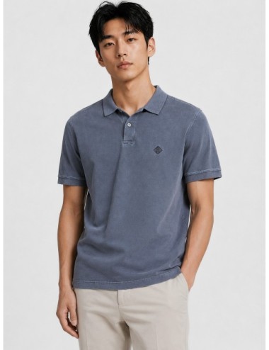 Polo azul medio Herno de piqué de algodón con cuello clásico
