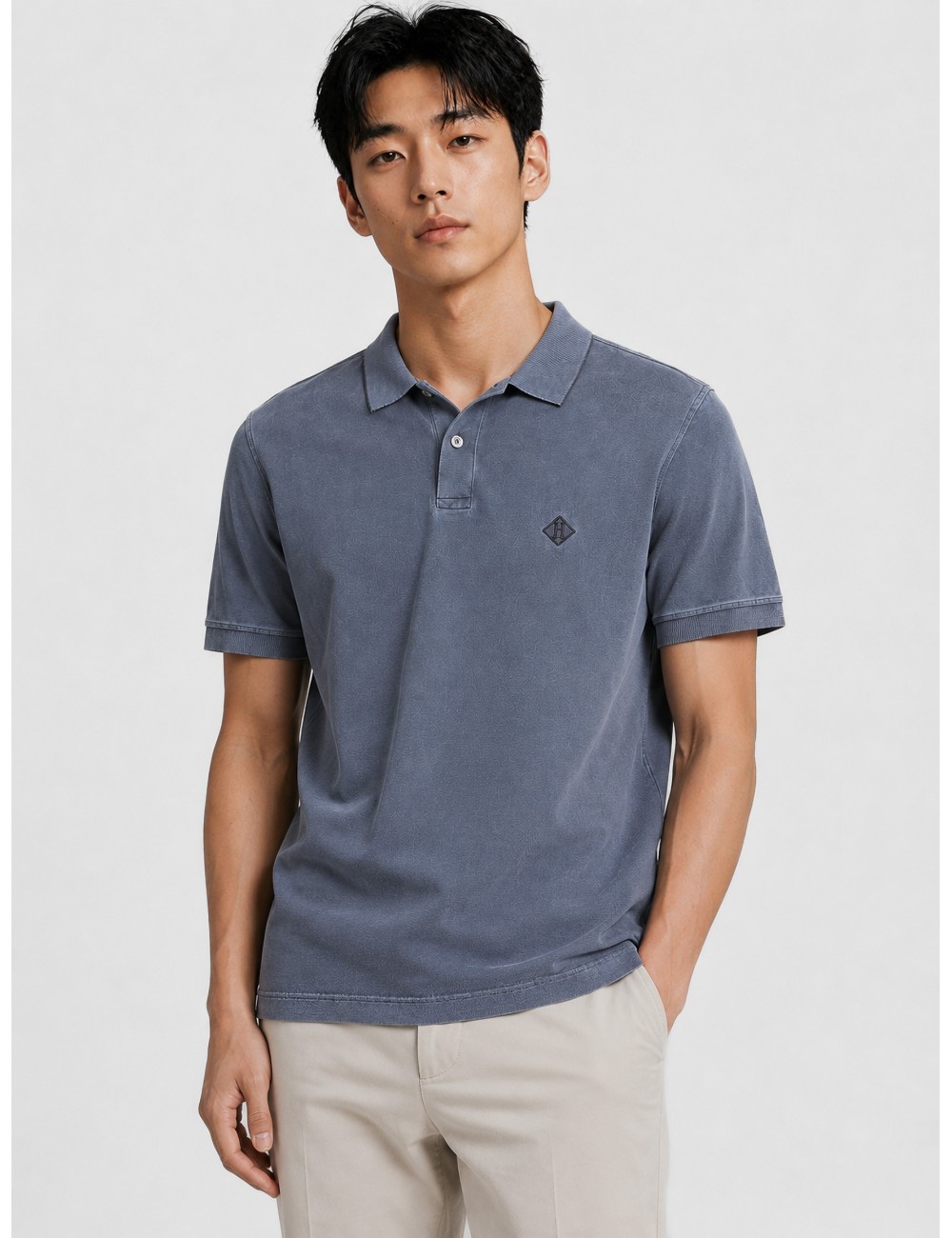 Polo azul medio Herno de piqué de algodón con cuello clásico