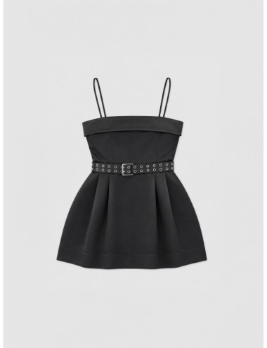 Vestido black GANNI Cotton Poplin Strap Dress con tirantes finos y cuerpo fruncido