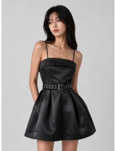 Vestido black GANNI Cotton Poplin Strap Dress con tirantes finos y cuerpo fruncido